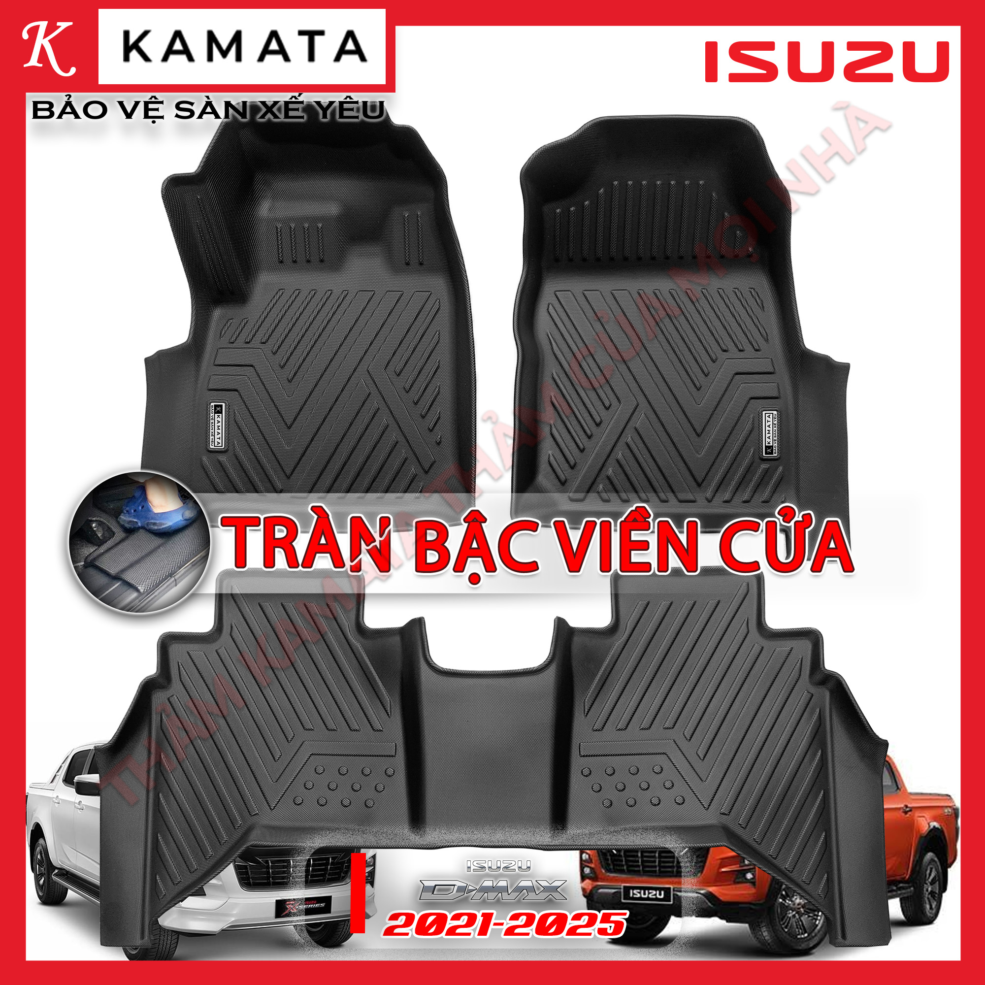 Thảm lót sàn ô tô 5D Isuzu Dmax 2015-2024 đúc nguyên khối TPV/TPE/Viền Dài (3 tấm/Bộ)
