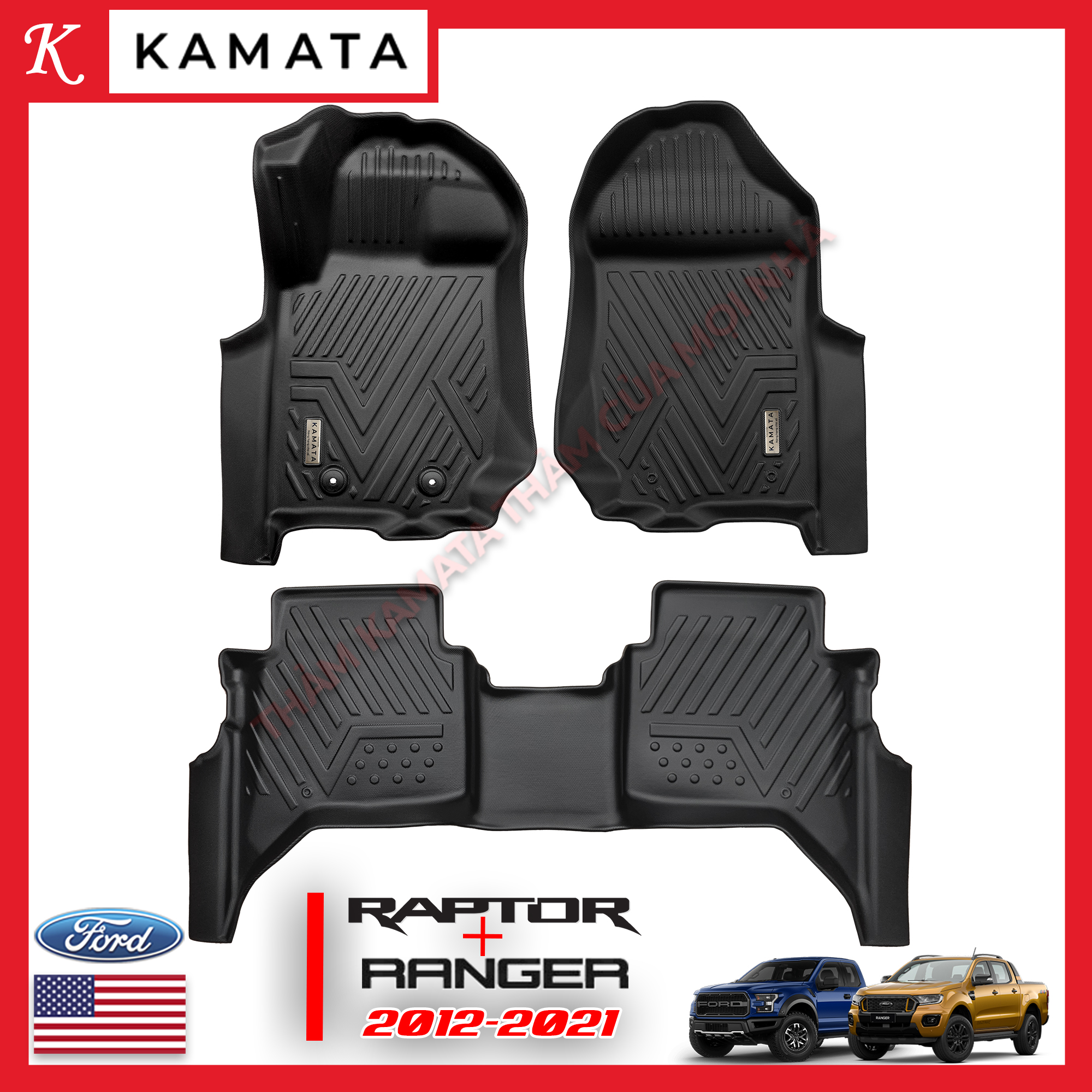 Thảm lót sàn ô tô 5D Ford Ranger/Raptor 2012-2021 đúc nguyên khối TPV (3 tấm/Bộ)