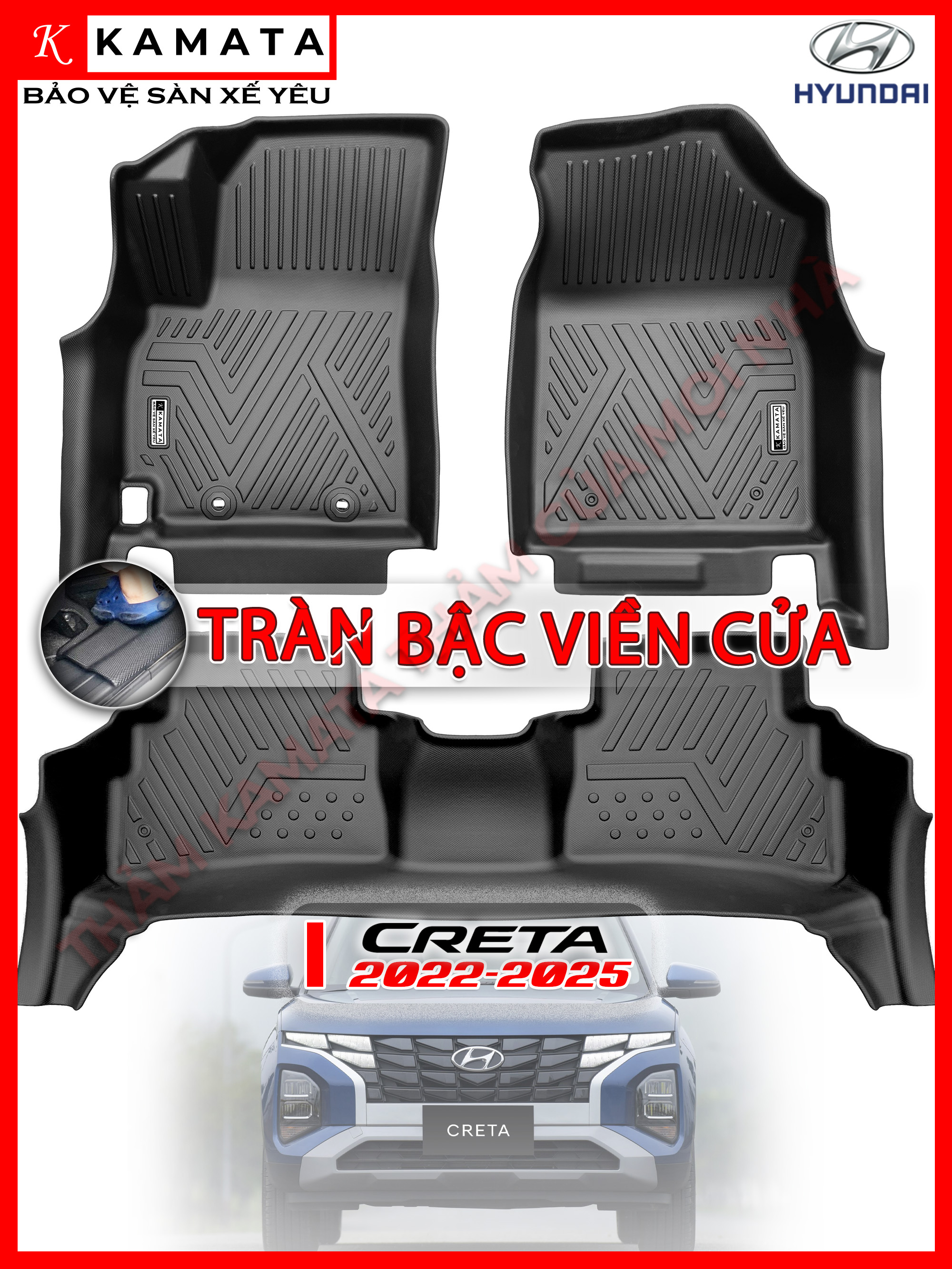 Thảm lót sàn ô tô Hyundai Creta 2022-2023 khuôn đúc TPV (1 bộ 3 tấm)