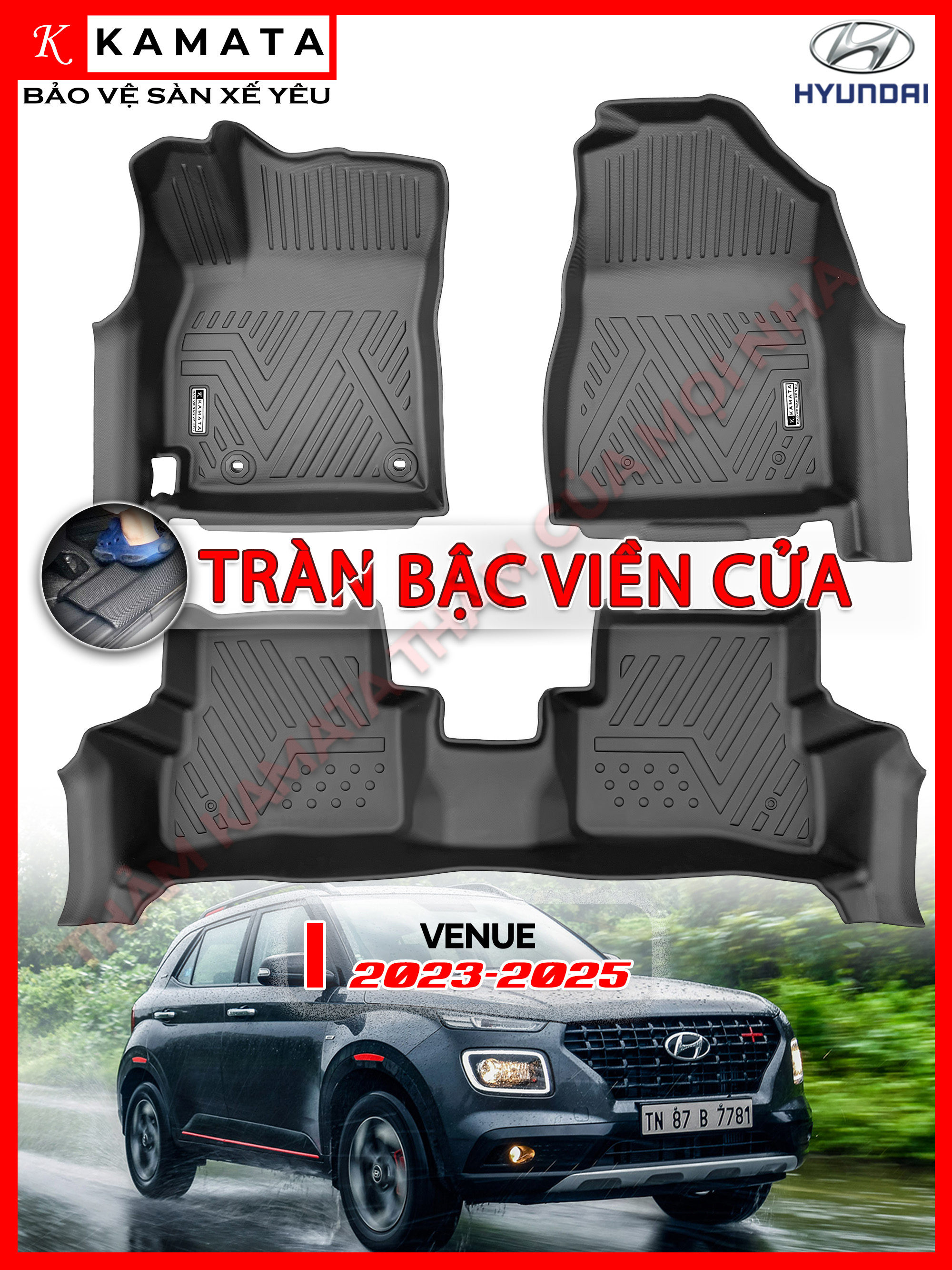 Thảm lót sàn ô tô Hyundai Venue 2023-2024 khuôn đúc TPV tràn viền (1 bộ 3 tấm)