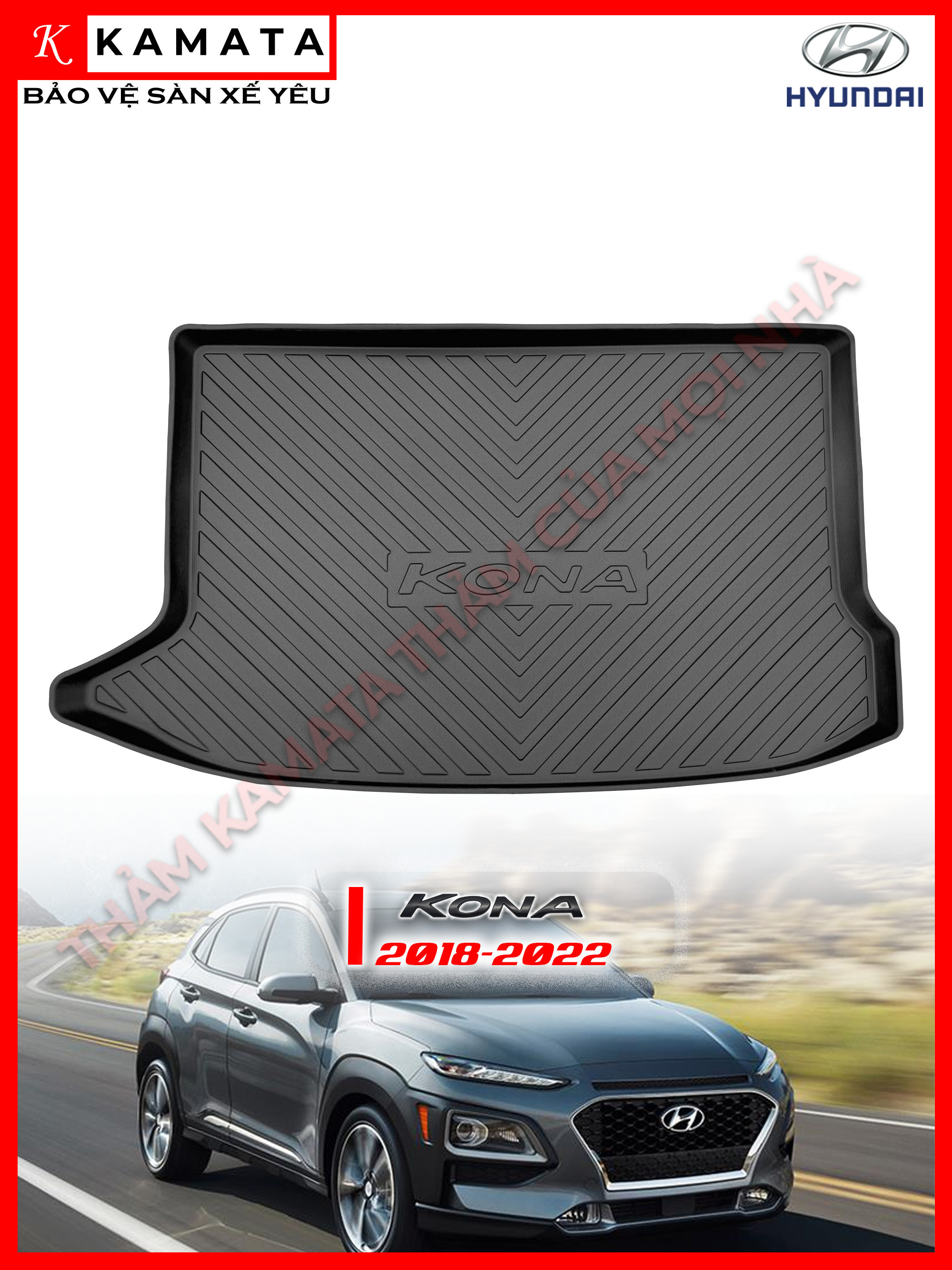 Thảm lót cốp ô tô Hyundai Kona 2018-2022 khuôn đúc TPV (1 bộ 3 tấm)