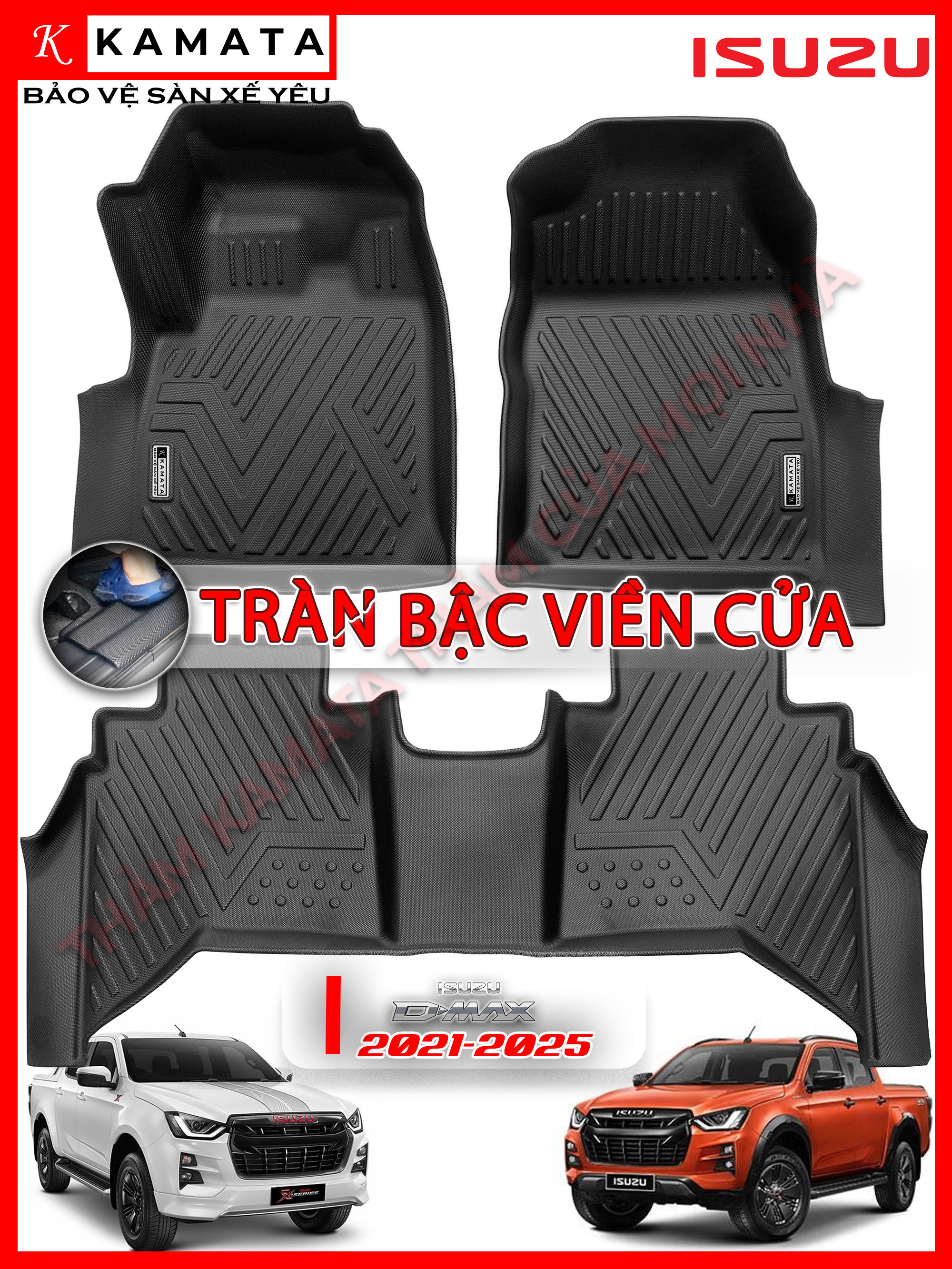 Thảm lót sàn ô tô 5D Isuzu Dmax 2015-2024 đúc nguyên khối TPV/TPE/Viền Dài (3 tấm/Bộ)