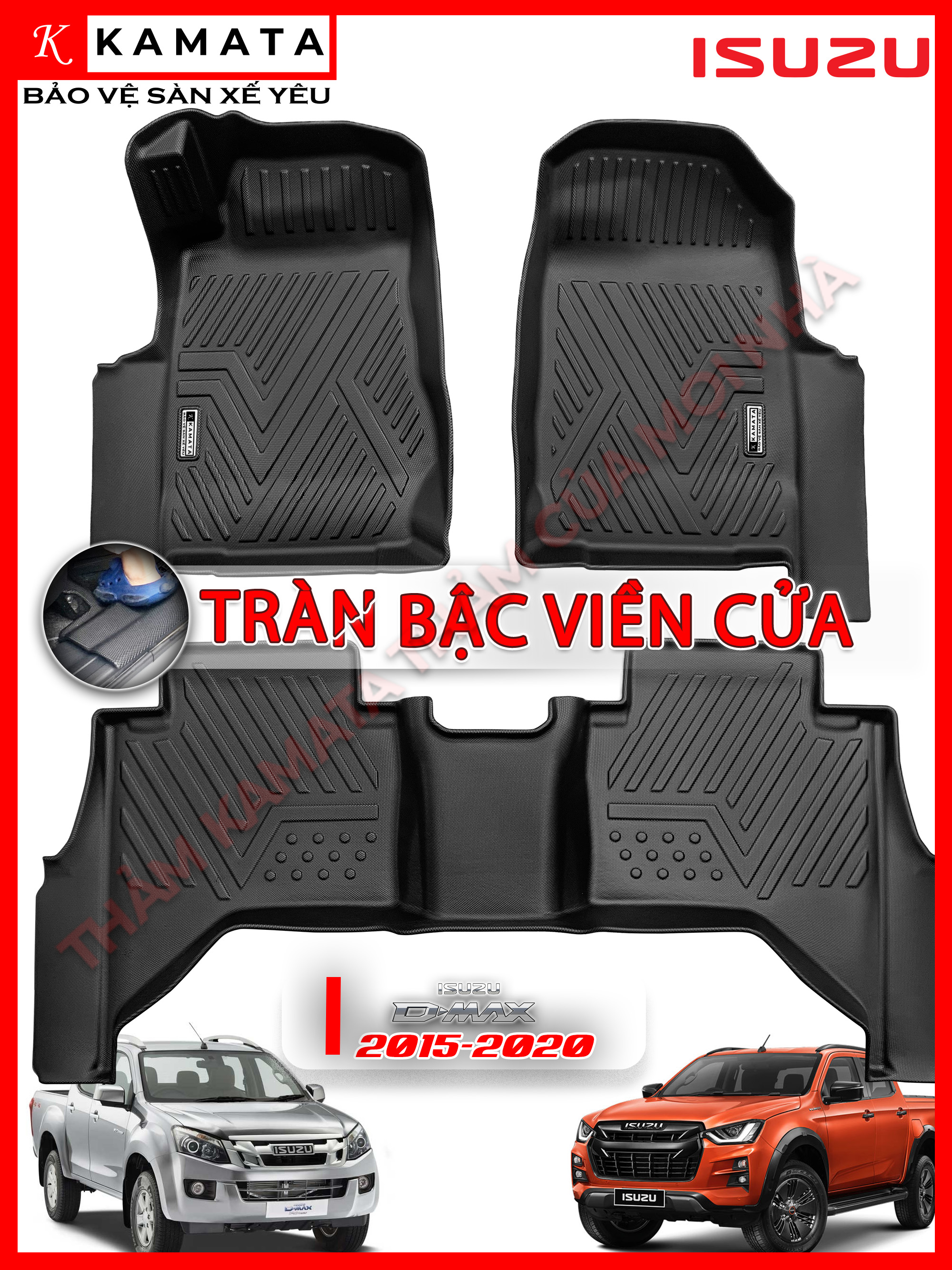 Thảm lót sàn ô tô 5D Isuzu Dmax 2015-2024 đúc nguyên khối TPV/TPE/Viền Dài (3 tấm/Bộ)