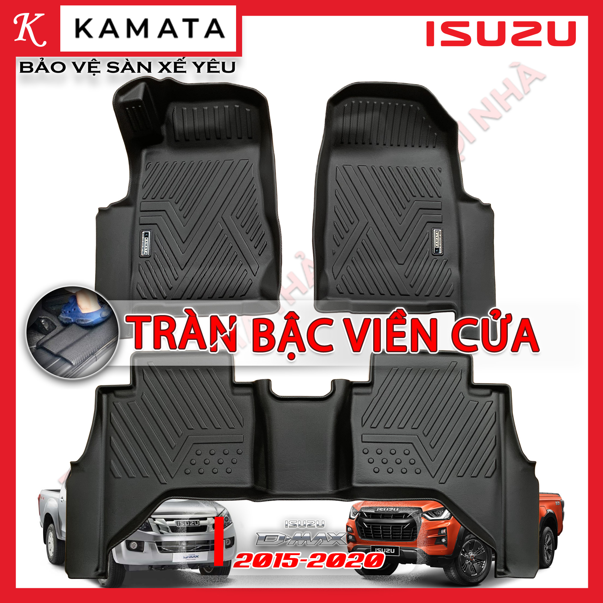 Thảm lót sàn ô tô 5D Isuzu Dmax 2015-2024 đúc nguyên khối TPV/TPE/Viền Dài (3 tấm/Bộ)