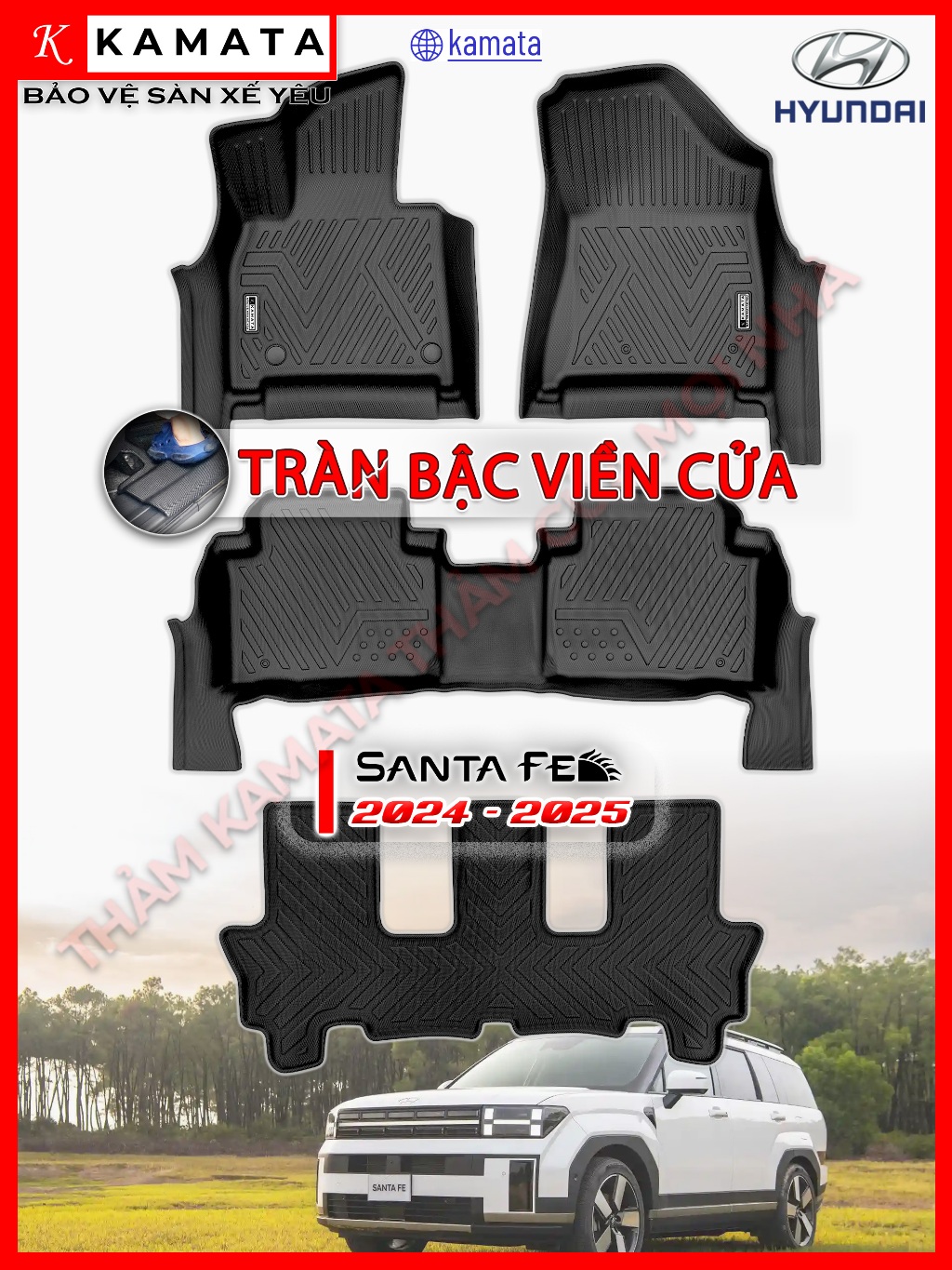 Thảm lót sàn ô tô Huyndai Santafe 2024 - 2025 khuôn đúc TPV (1 bộ 4 tấm)