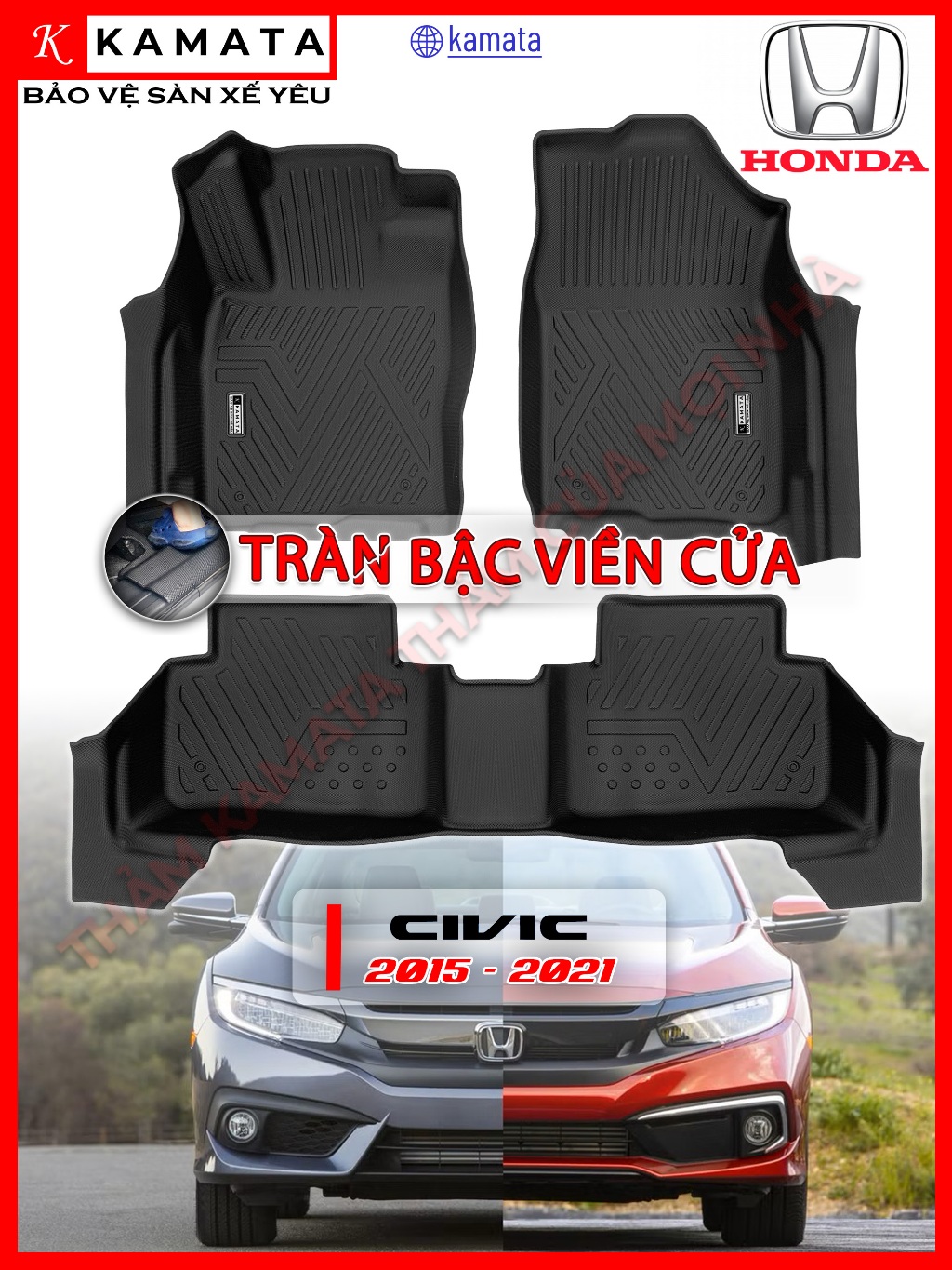 Thảm ô tô lót sàn Honda Civic gen 10 2015 - 2021 đúc nguyên khối TPV (3 tấm/Bộ)
