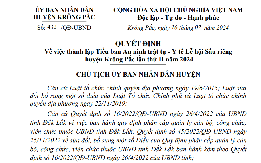 QUYẾT ĐỊNH Về việc thành lập Tiểu ban An ninh trật tự - Y tế Lễ hội Sầu riêng huyện Krông Pắc lần thứ II năm 2024
