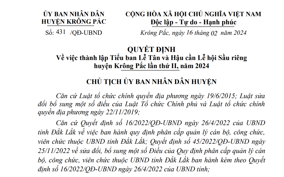 QUYẾT ĐỊNH Về việc thành lập Tiểu ban Lễ Tân và Hậu cần Lễ hội Sầu riêng huyện Krông Pắc lần thứ II, năm 2024