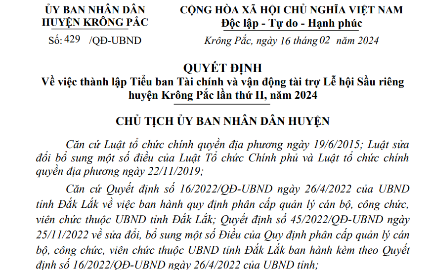 QUYẾT ĐỊNH Về việc thành lập Tiểu ban Tài chính và vận động tài trợ Lễ hội Sầu riêng  huyện Krông Pắc lần thứ II, năm 2024