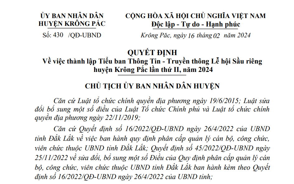 QUYẾT ĐỊNH Về việc thành lập Tiểu ban Thông Tin - Truyền thông Lễ hội Sầu riêng huyện Krông Pắc lần thứ II, năm 202