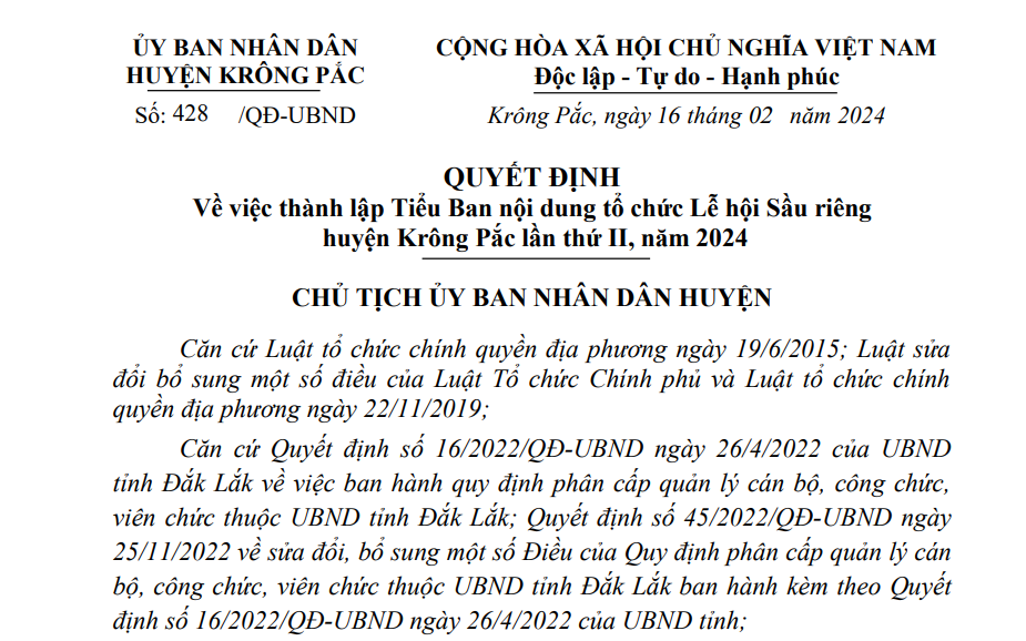 QUYẾT ĐỊNH Về việc thành lập Tiểu Ban nội dung tổ chức Lễ hội Sầu riêng huyện Krông Pắc lần thứ II, năm 2024