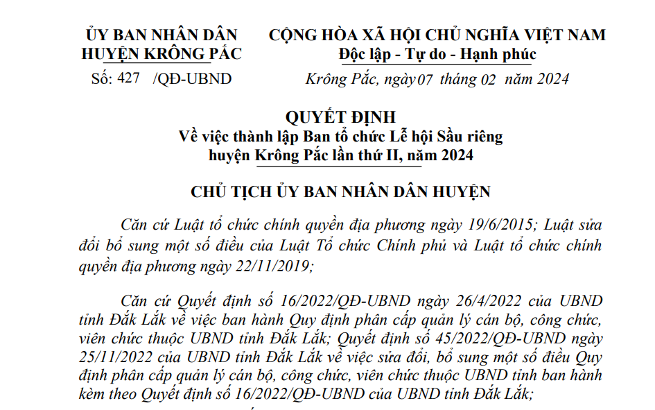 QUYẾT ĐỊNH Về việc thành lập Ban tổ chức Lễ hội Sầu riêng huyện Krông Pắc lần thứ II, năm 2024