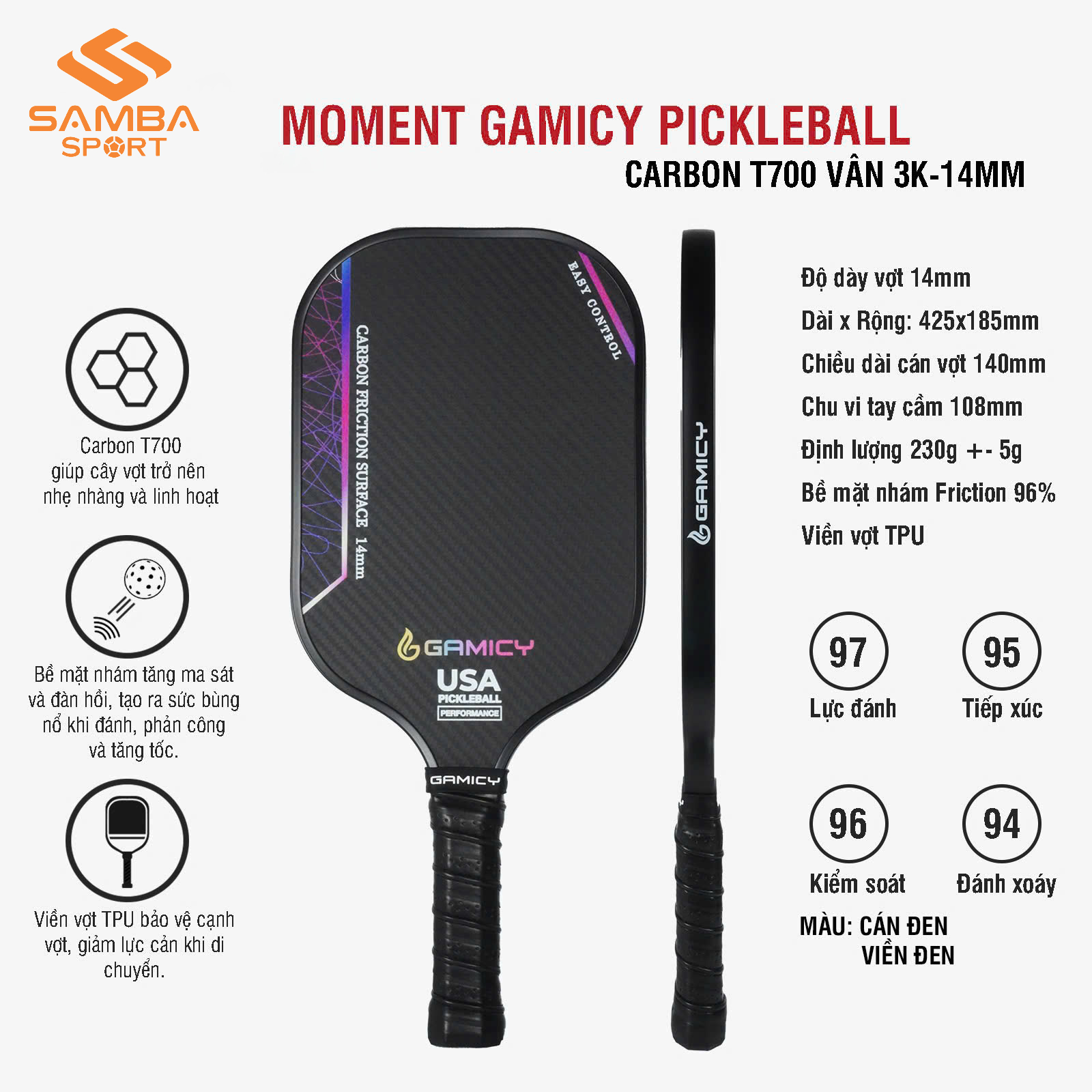 Vợt Pickleball Gamicy Moment T700 14mm