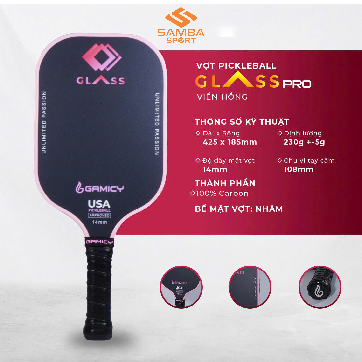 Vợt Pickleball Gamicy Glass Pro - Hồng