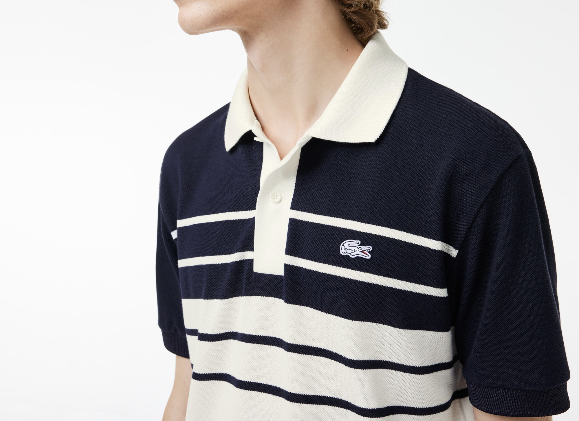 Áo Polo Lacoste Nam Made in France Dáng Classic Cổ Điển PH8135-00-GA3 Màu Trắng Phối Xanh