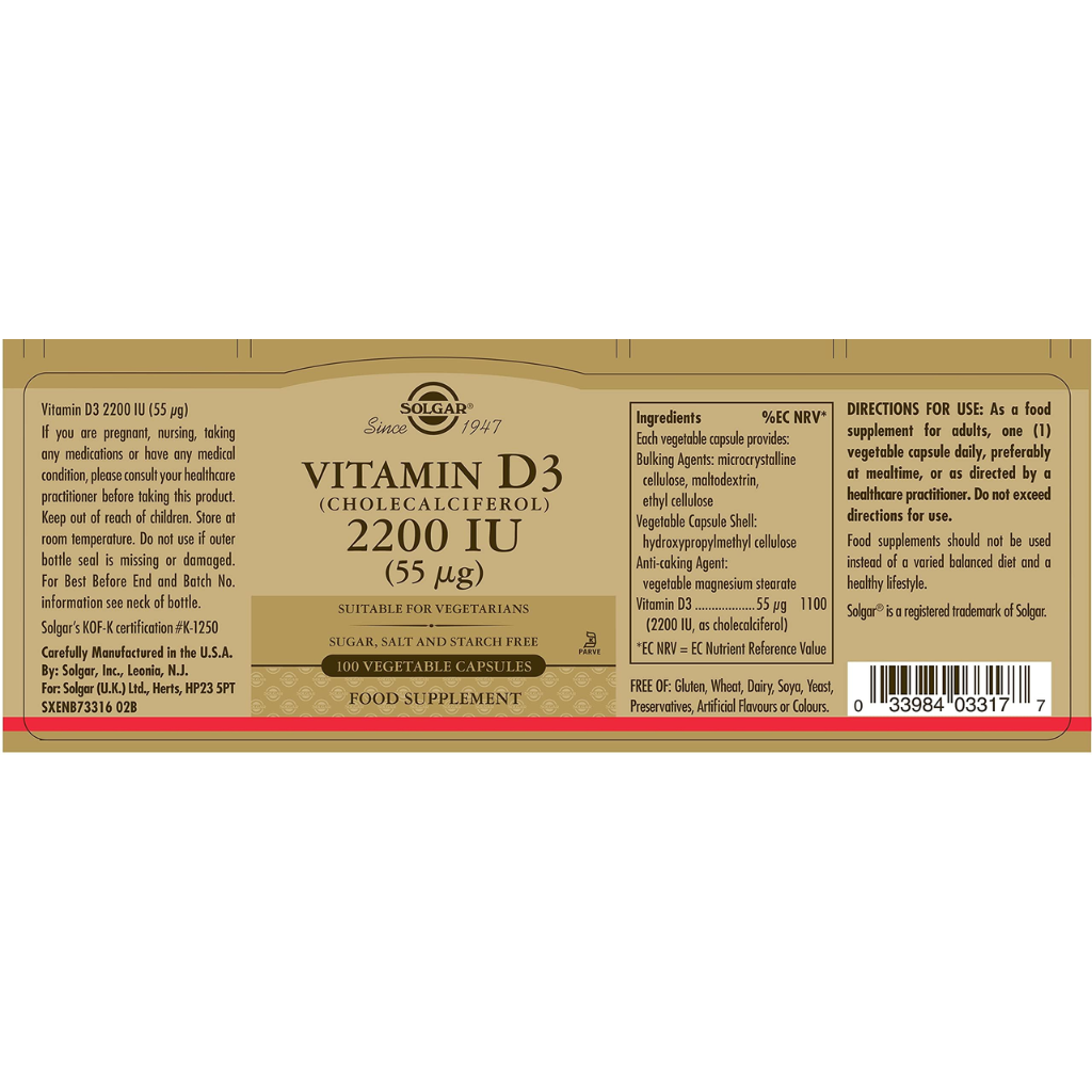 Hình ảnh bảng thành phần của sản phẩm Solgar Viên Uống Bổ Sung Vitamin D3 2200 IU 100 Viên