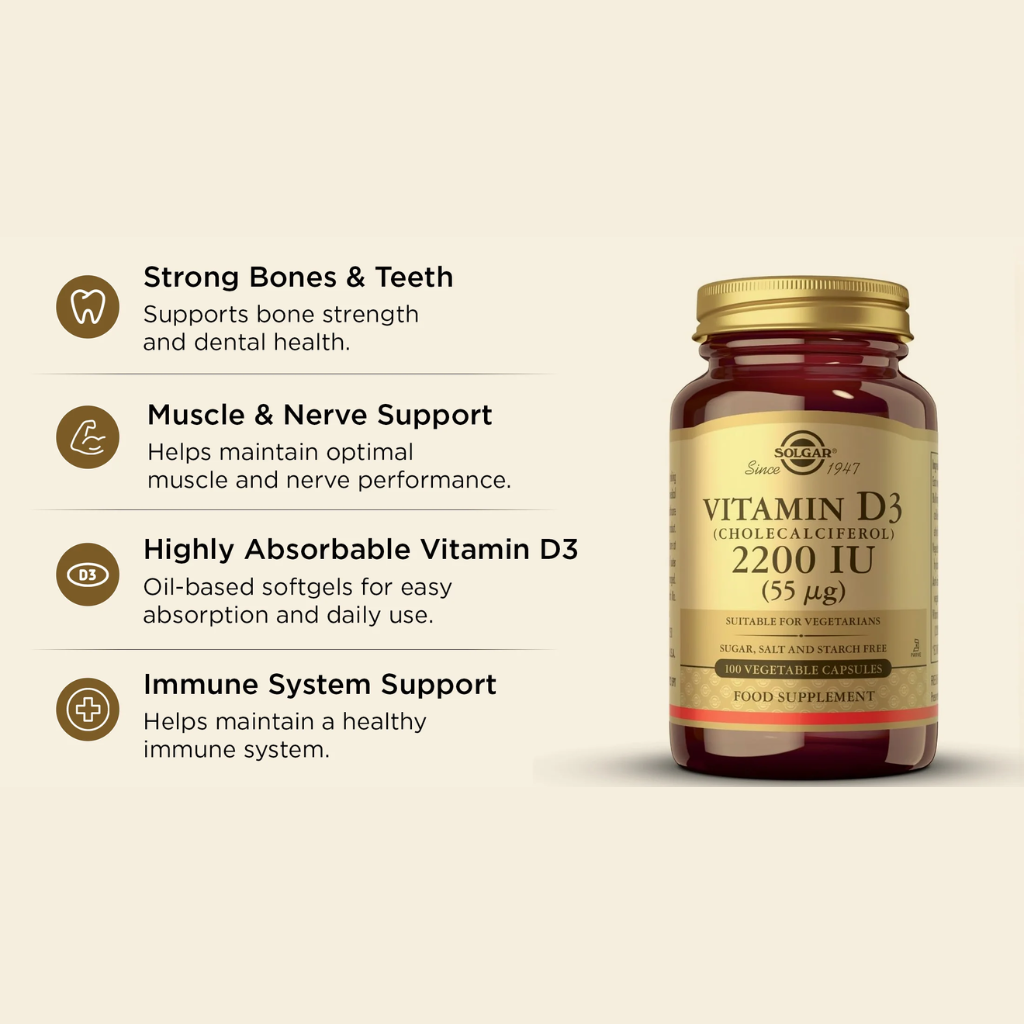 Hình ảnh công dụng của sản phẩm Solgar Viên Uống Bổ Sung Vitamin D3 2200 IU 100 Viên