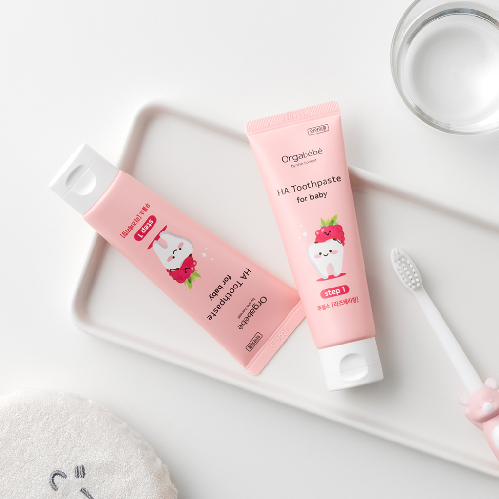 Hình ảnh công dụng của sản phẩm kem đánh răng thuần chay Orgabebe HA Toothpaste Step 1
