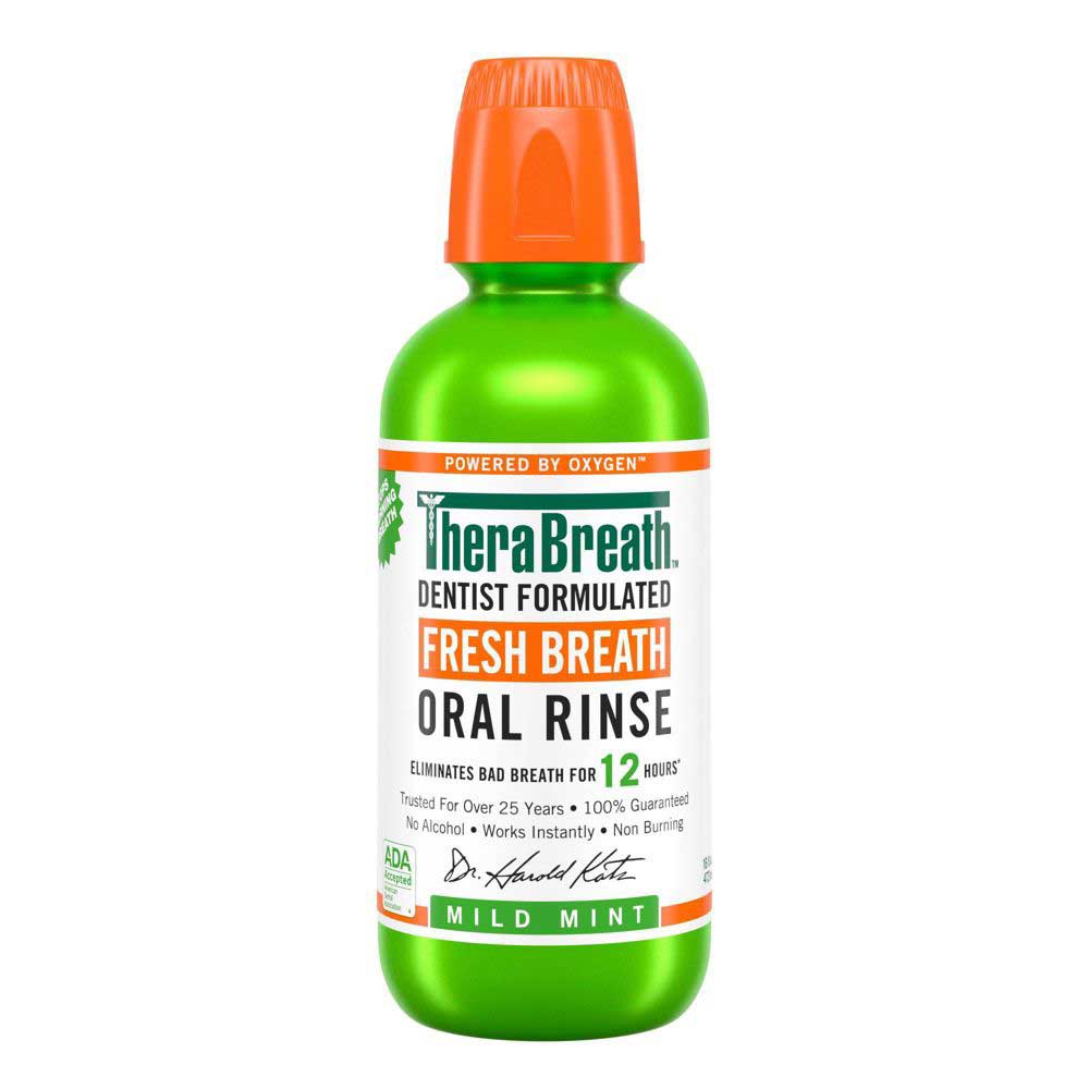 TheraBreath Nước Súc Miệng Hương Bạc Hà Dịu Nhẹ Không Cồn, Không Cay Rát Mind Mint Ngăn Ngừa Sâu Răng, Giảm Vôi Răng Cao Răng Chai 473ml
