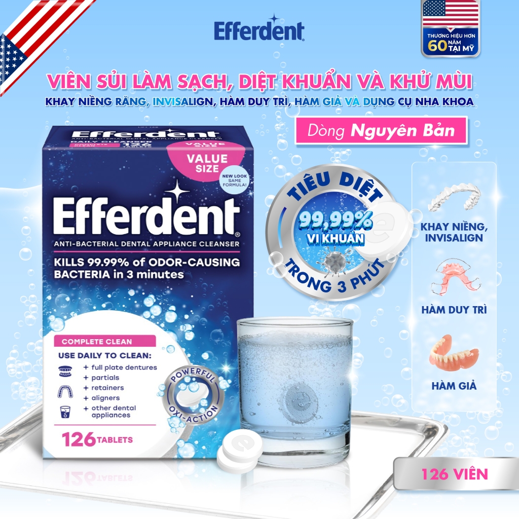 Efferdent Viên Làm Sạch Dùng Trong Nha Khoa Efferdent Complete Clean Denture Cleanser Tablets Hỗ Trợ Làm Sạch Và Kháng Khuẩn Hộp 126 Viên