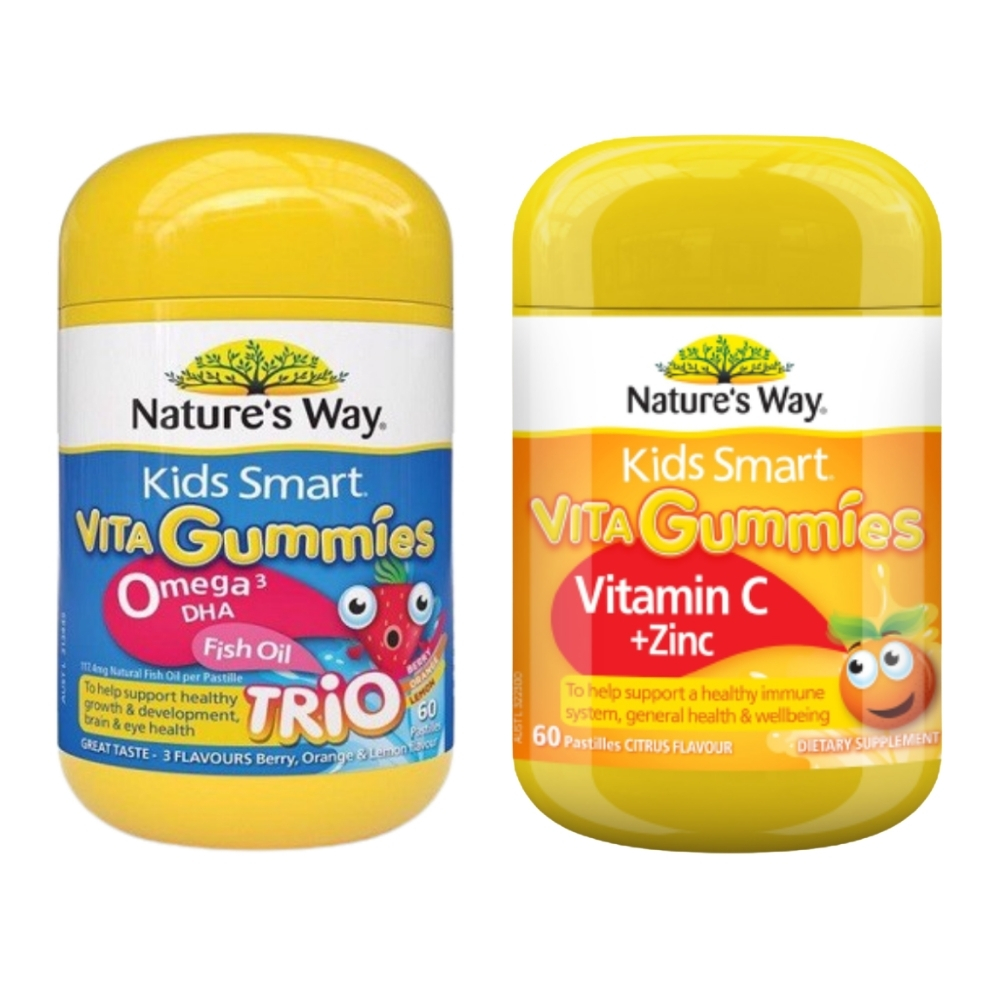 Combo  Nature's Way Kẹo Dẻo Bổ Sung Vitamin C & Kẽm Cho Bé Kids Smart Vita Gummies Vị Cam +  Kẹo Dẻo Chiết Xuất Dầu Cá Bổ Sung Omega 3 & DHA Cho Bé 60 Viên