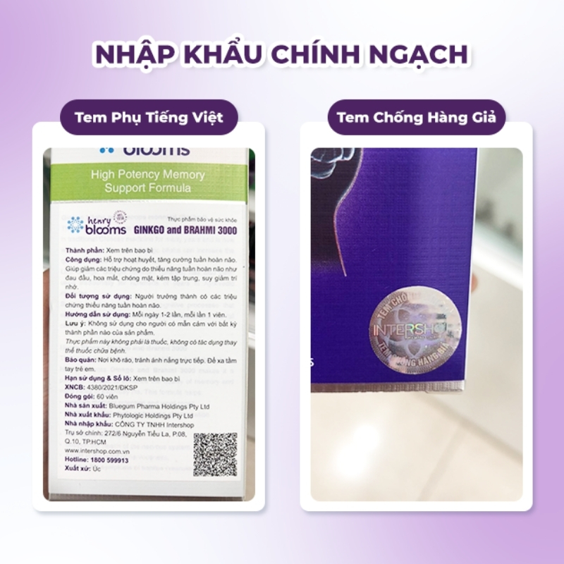 Combo 2 Hộp Henry Blooms Viên Uống Hỗ Trợ Tuần Hoàn Não Ginkgo And Brahmi 3000 30 Viên