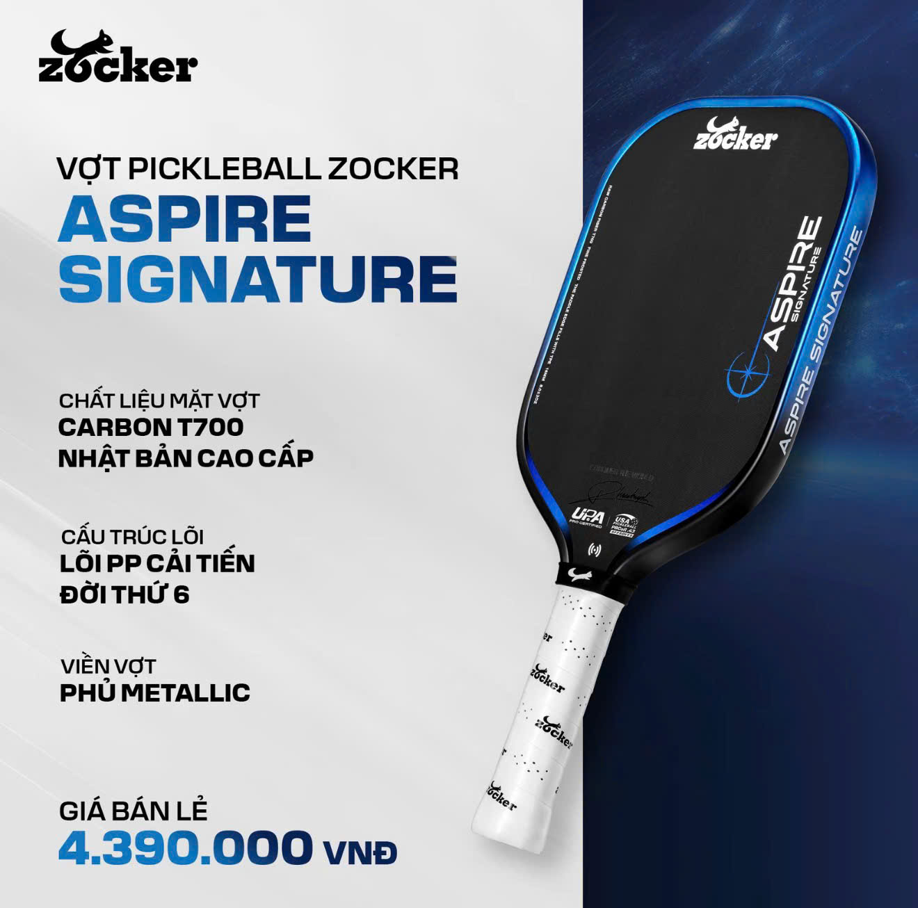 Zocker Vợt Pickleball Aspire Signature 16mm | 6 Màu