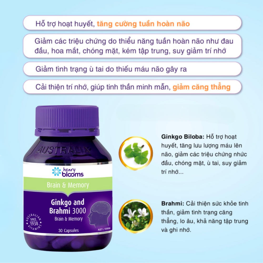 Henry Blooms Viên Uống Hỗ Trợ Tuần Hoàn Não Ginkgo And Brahmi 3000 30 Viên