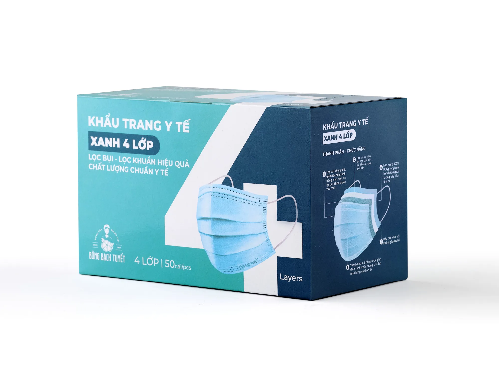 Bông Bạch Tuyết Khẩu Trang Người Lớn 4 Lớp Hộp 50 Cái