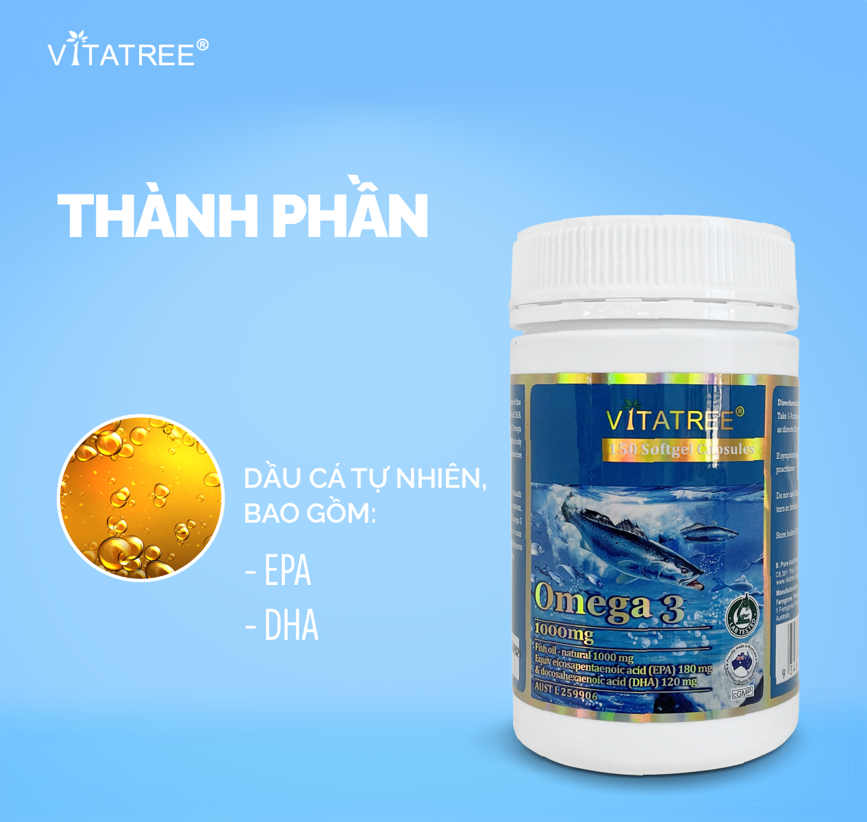 Vitatree Viên Uống Dầu Cá Omega 3 Bổ Sung Dưỡng Chất Cho Não, Bổ Mắt 1000mg 150 Viên