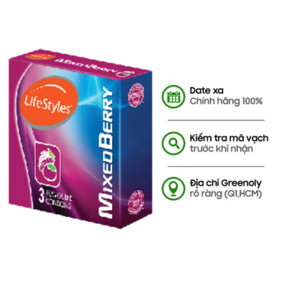 LifeStyles Bao Cao Su Mixed Berry 3 Vị Dâu, Việt Quất, Phúc Bồn Tử Hộp 3 Cái