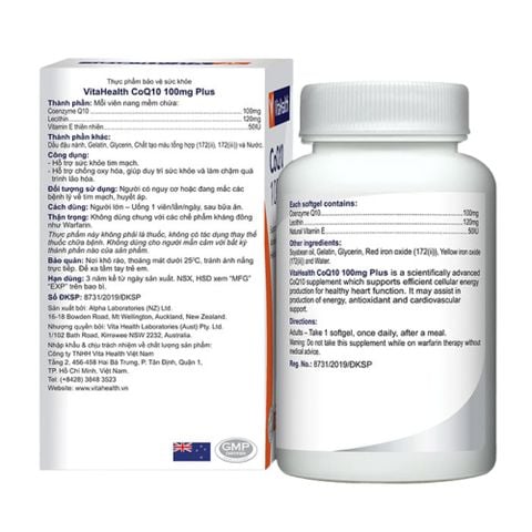 VitaHealth Viên Uống COQ10 100mg Plus Hỗ Trợ Sức Khỏe Tim Mạch, Làm Chậm Quá Trình Lão Hóa 30 Viên