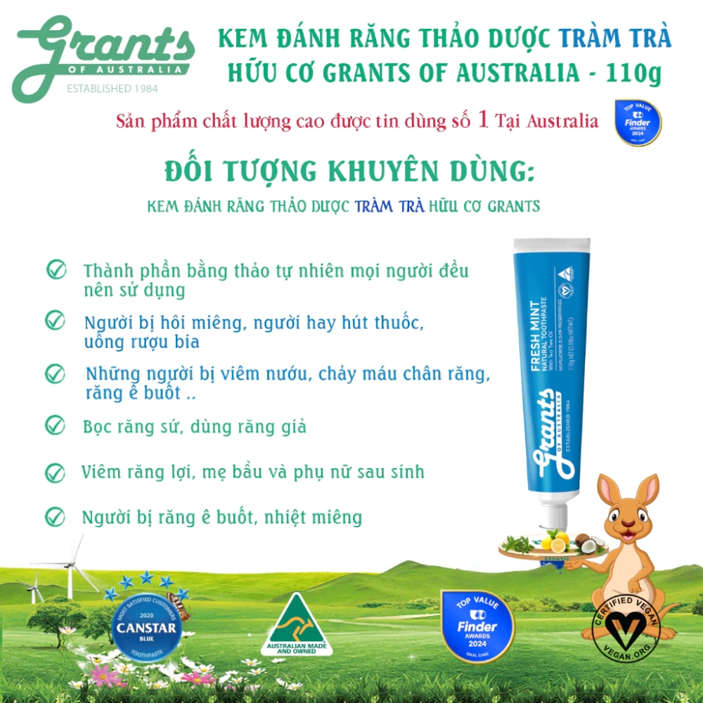 Combo 2 Tuýp Grants of Australia Kem Đánh Răng Chiết Xuất Tràm Trà Hữu Cơ 110g