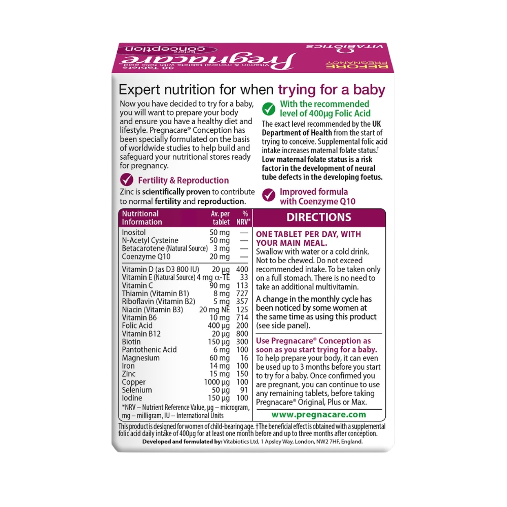 Vitabiotics Viên Uống Hỗ Trợ Thụ Thai Cho Nữ Pregnacare Before Conception 30 Viên