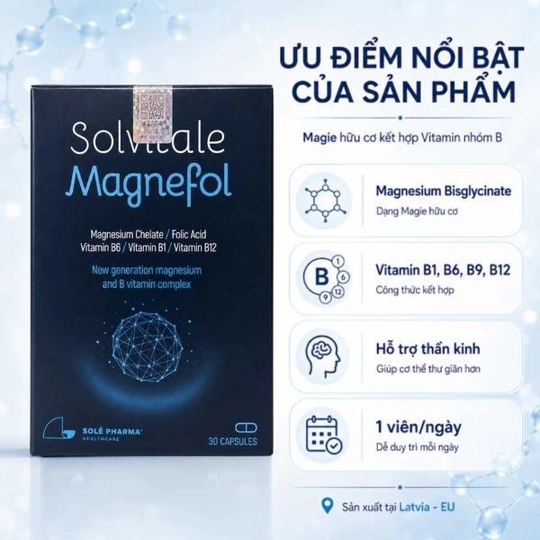 Solvitale Magnefol Viên Uống Magnesium Bisglycinate + Vitamin nhóm B Hỗ Trợ Thần Kinh Và Giấc Ngủ (Hộp 30 Viên)
