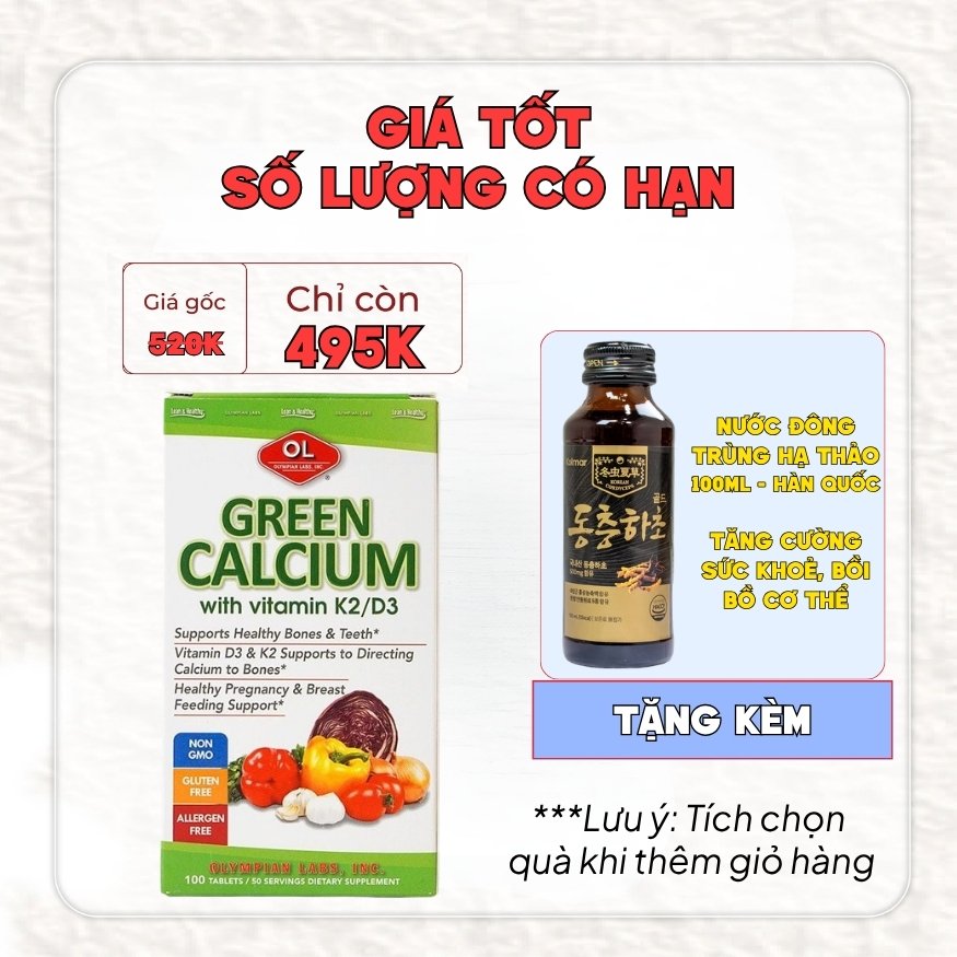 Olympian Labs Viên Uống Bổ Sung Canxi Hữu Cơ Green Calcium 100 viên - Nhập Khẩu Chính Ngạch Mỹ