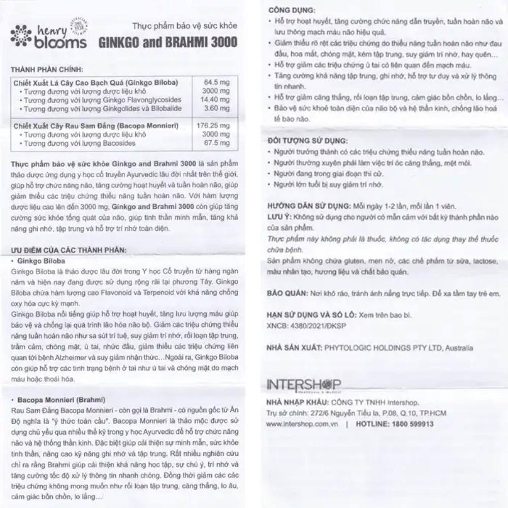 Henry Blooms Viên Uống Hỗ Trợ Tuần Hoàn Não Ginkgo And Brahmi 3000 60 Viên