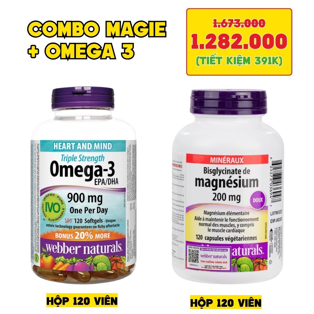 Combo 2 Hộp Webber Naturals Omega 3 900mg EPA/DHA Và Magnesium Bisglycinate 200mg Hỗ Trợ Tim Mạch, Hệ Tiêu Hoá - Hộp 120 Viên