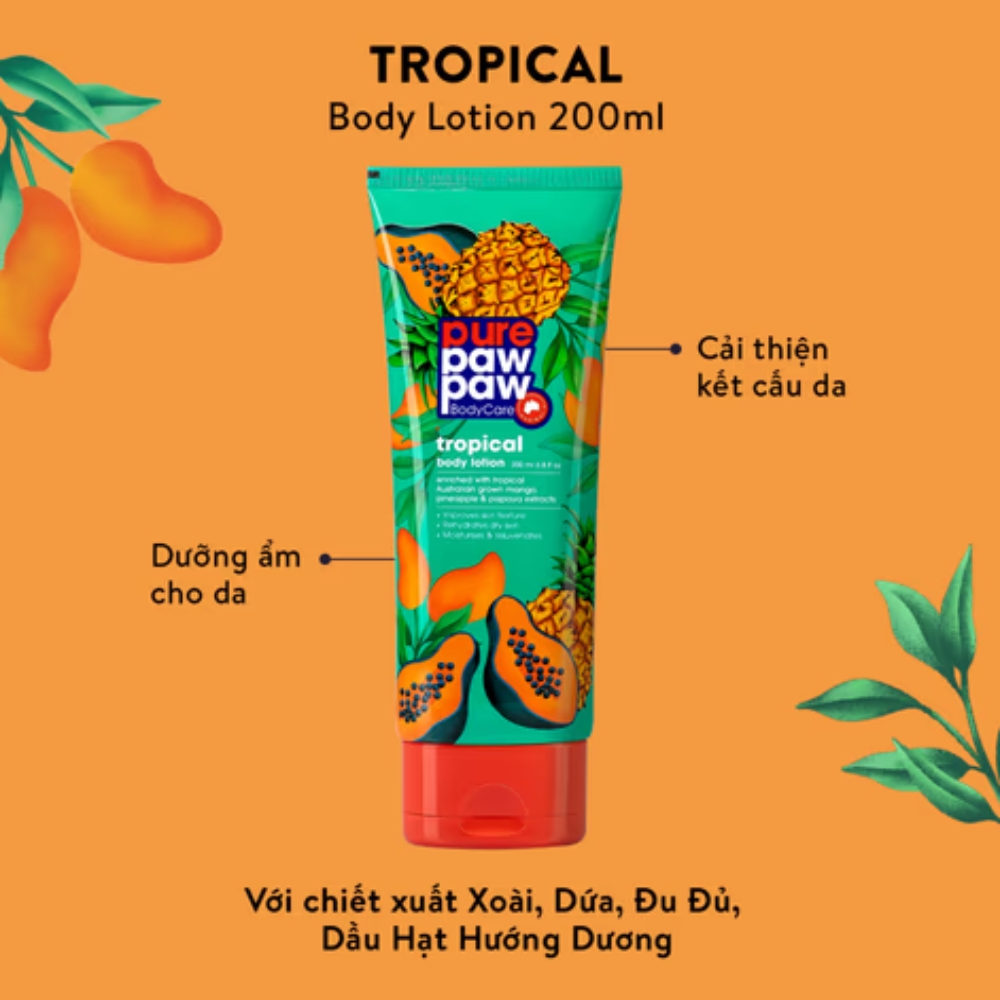 Pure Paw Paw Kem Dưỡng Ẩm Cải Thiện Kết Cấu Da Toàn Thân Body Lotion Mùi Tropical 200ml