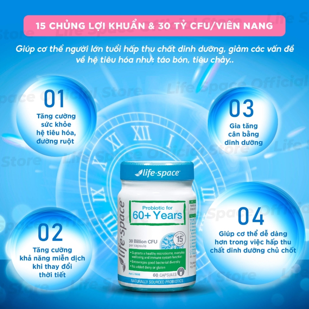 Life Space Viên Uống Men Vi Sinh Dành Cho Người Lớn Tuổi Probiotic For 60+ Years 60 Viên "