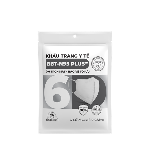 Bông Bạch Tuyết Khẩu Trang 6D N95 PLUS Trắng 4 Lớp Túi 10 Cái