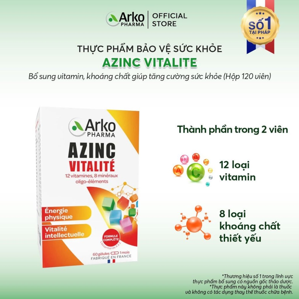Arkopharma Viên Uống Azinc Vitalite Bổ Sung Vitamin Và Khoáng Chất Tổng Hợp 60 Viên Và 120 Viên