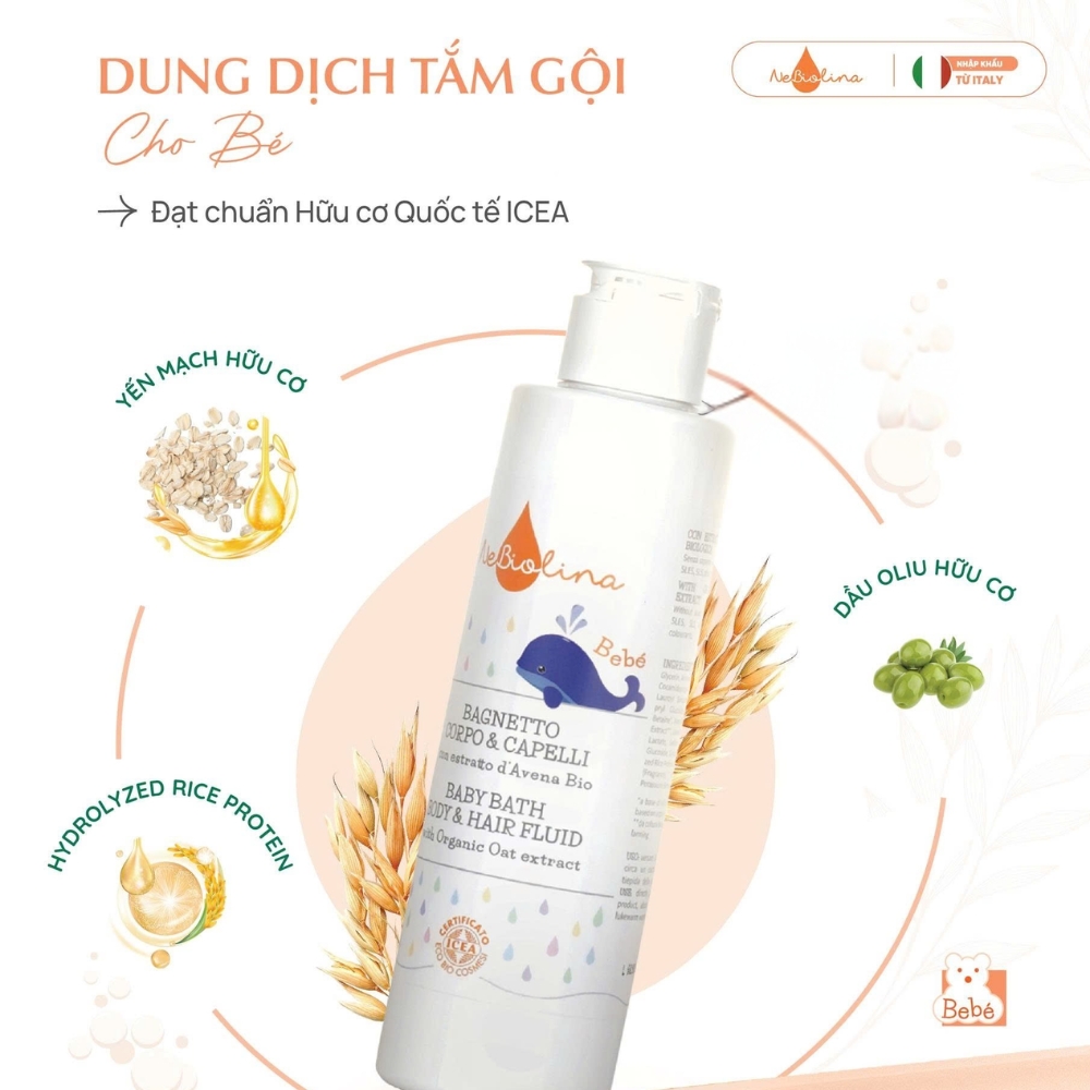 NeBiolina Gel Tắm Gội 2 Trong 1 Chiết Xuất Yến Mạch Hữu Cơ Cho Bé Dưới 3 Tuổi 200ml