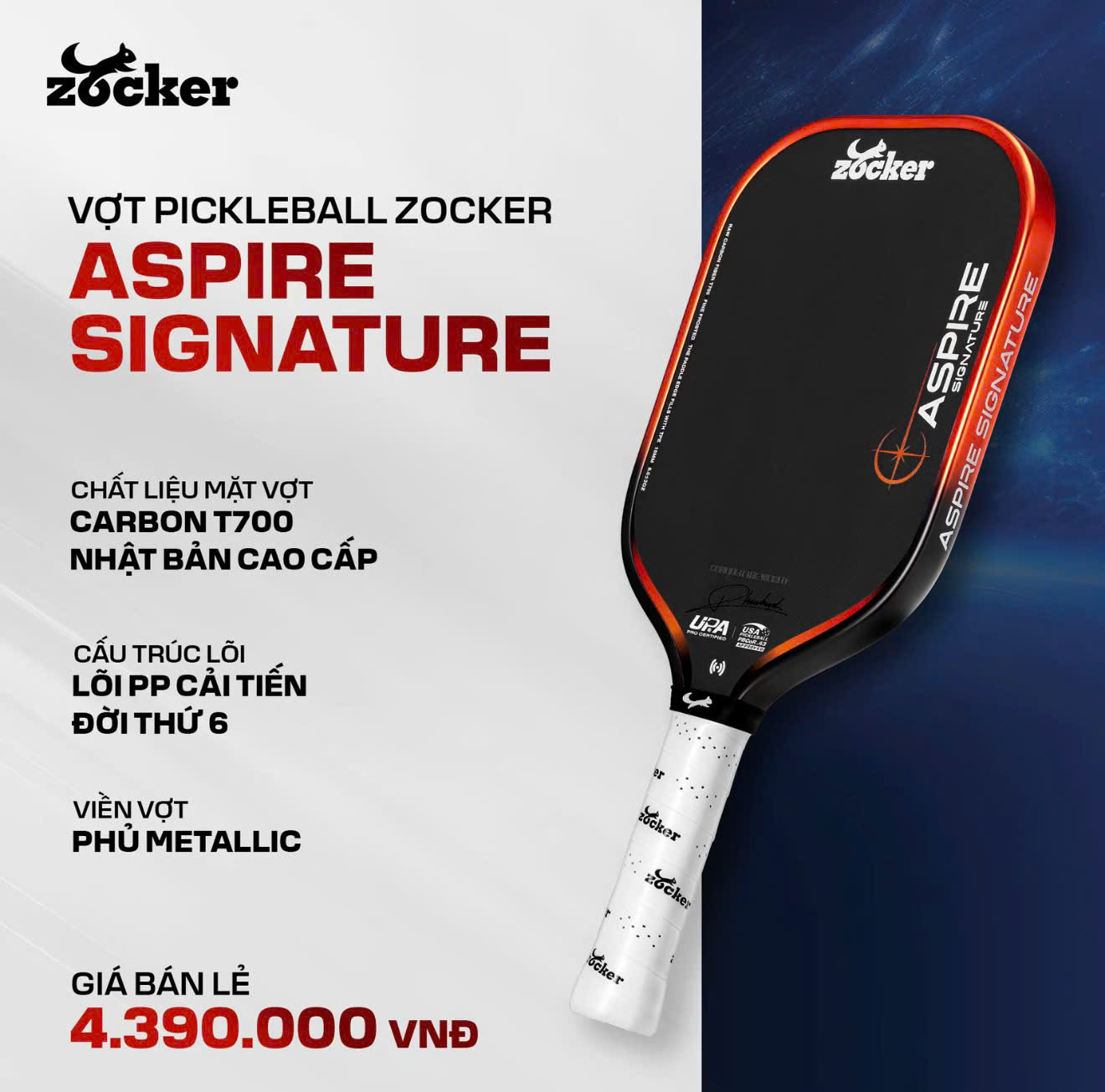 Zocker Vợt Pickleball Aspire Signature 16mm | 6 Màu
