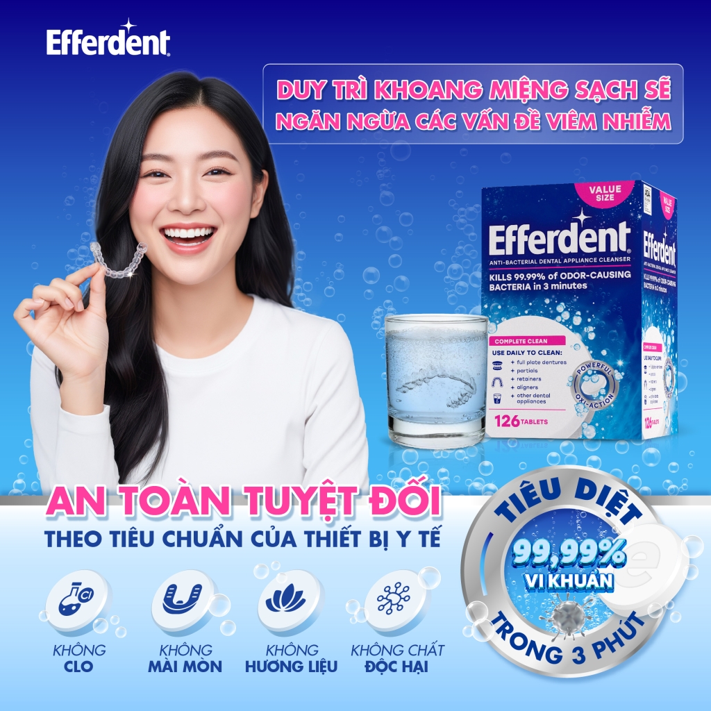 Efferdent Viên Làm Sạch Dùng Trong Nha Khoa Efferdent Complete Clean Denture Cleanser Tablets Hỗ Trợ Làm Sạch Và Kháng Khuẩn Hộp 126 Viên