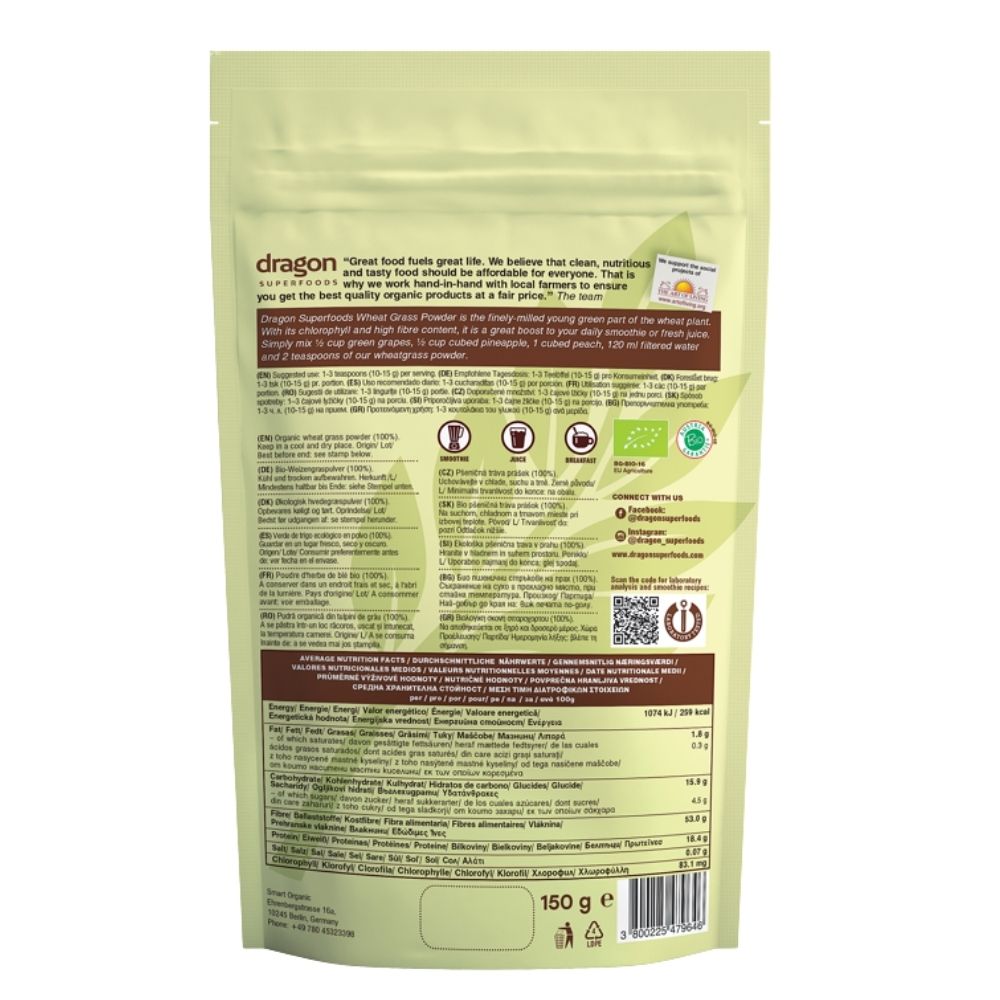 Dragon Superfoods Bột Cỏ Lúa Mì Hữu Cơ Bổ Sung Dinh Dưỡng 150g