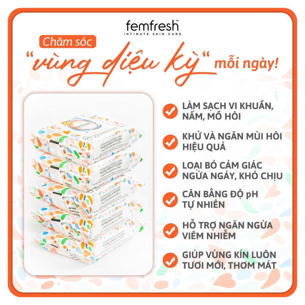 Femfresh Khăn Ướt Vệ Sinh Vùng Kín Intimate Skin Care Daily Wipes Hỗ Trợ Làm Sạch Dịu Nhẹ Gói 10 Tờ