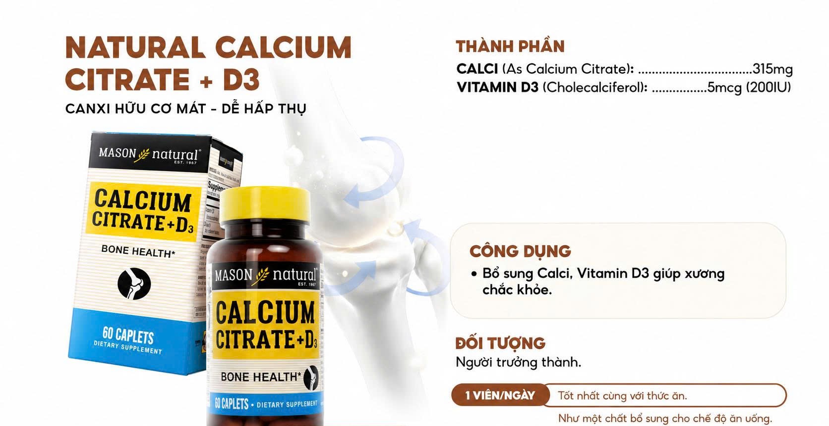 Mason Natural Viên Uống Bổ Sung Calcium Citrate + D3 Hộp 60 viên - Chính Ngạch Mỹ