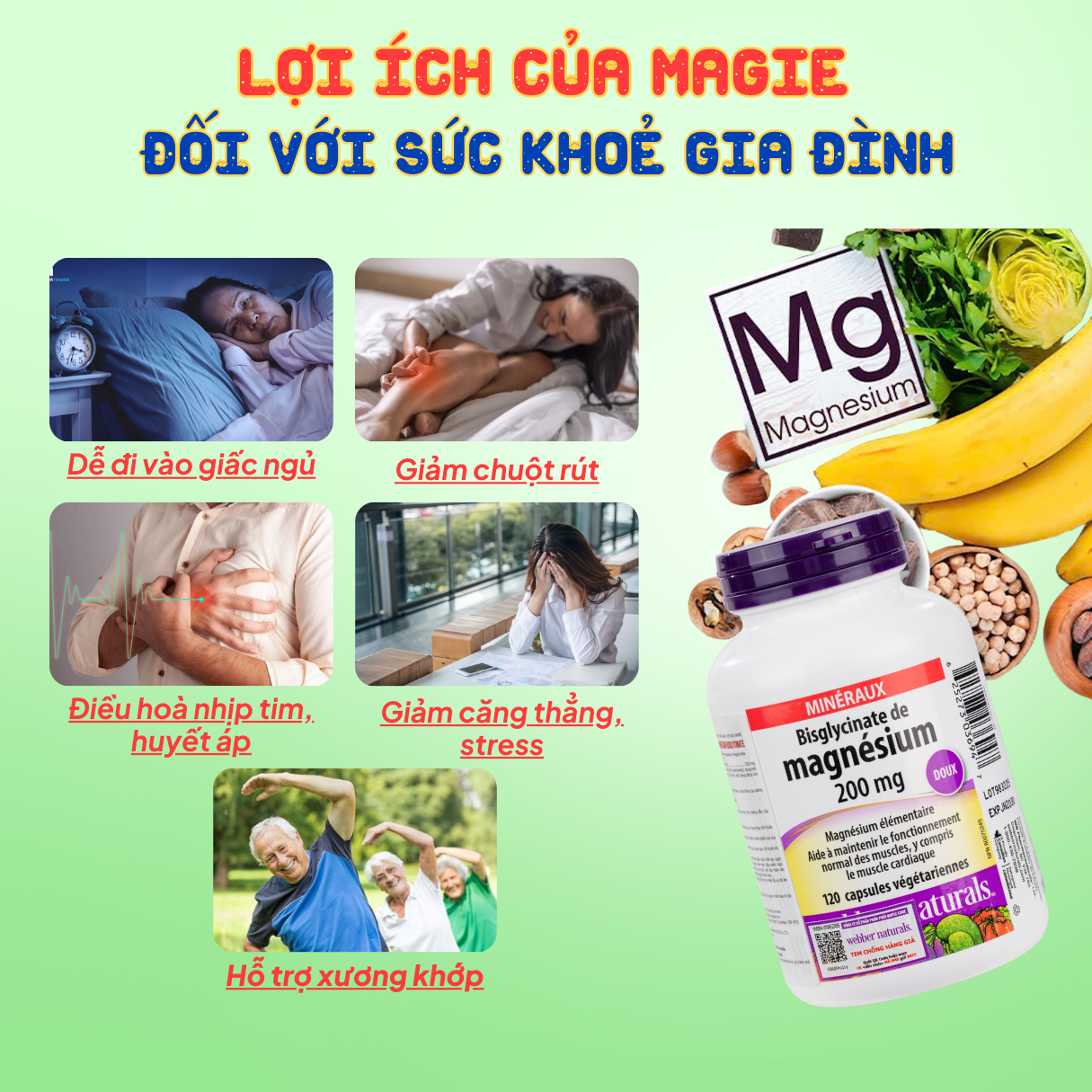 Webber Naturals Viên Uống Magie Magnesium Bisglycinate 200mg - Nhập Khẩu Chính Ngạch Canada