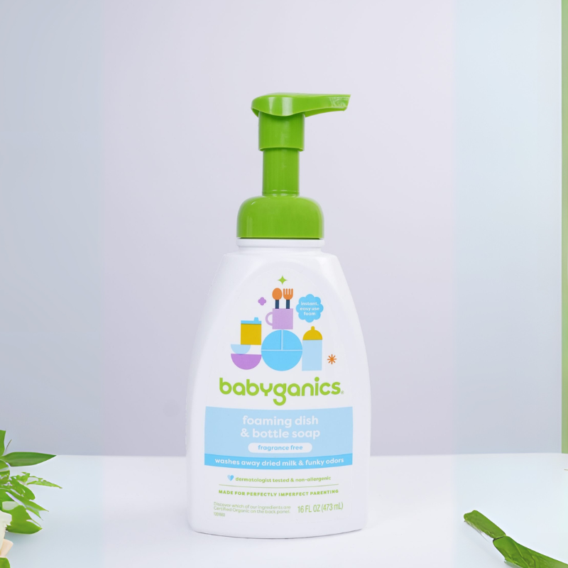 Babyganics Nước Rửa Bình & Đồ Dùng Không Mùi An Toàn Cho Bé Dạng Chai Tạo Bọt Organic Foaming Travel Dish & Bottle Soap Fragrance Free 473ml